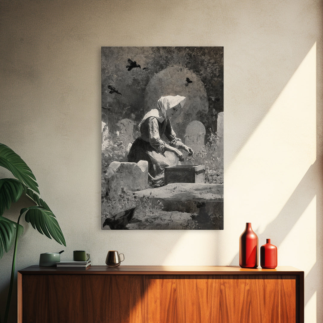 The Cemetery Beekeeper, Symbolist Dream Art, Vertical Wall Art, Macabre Wall Art, Framed Canvas Print, Halloween Wall Art