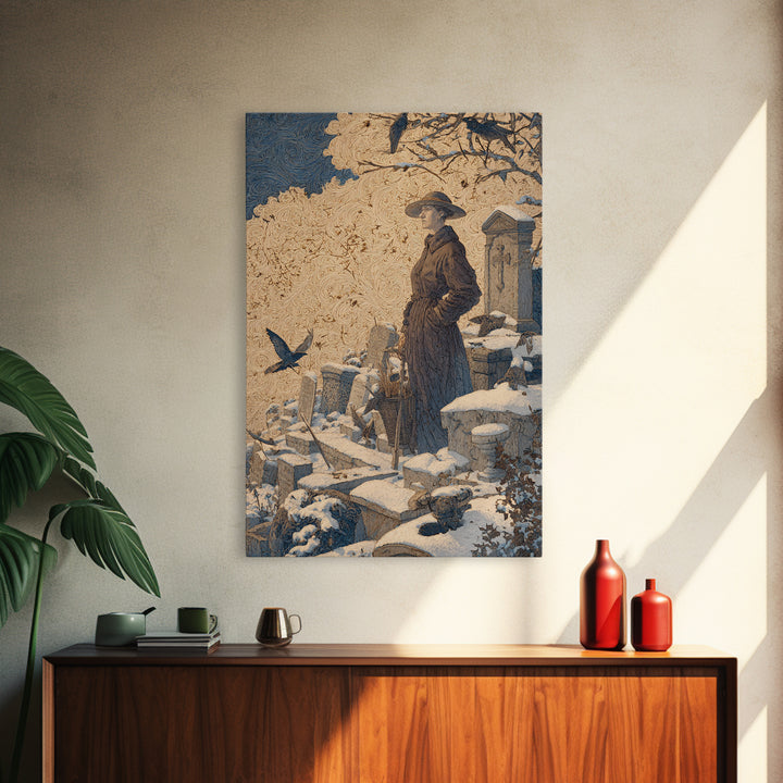 The Cemetery Beekeeper, Symbolist Death Art, Vertical Wall Art, Dark Halloween Decor, Framed Canvas Print, Halloween Wall Art