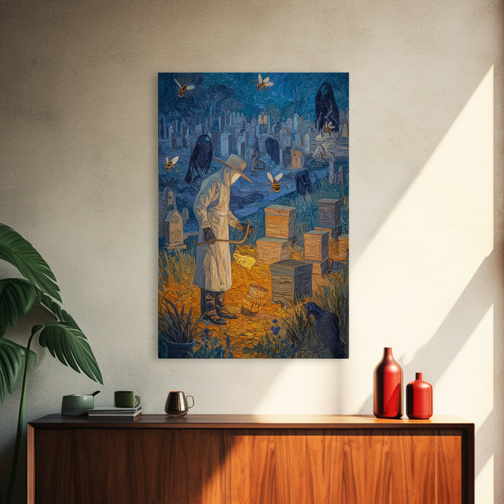 The Cemetery Beekeeper, Expressionist Gothic Art, Vertical Wall Art, Dark Fantasy Wall Art, Canvas Print, Halloween Wall Art