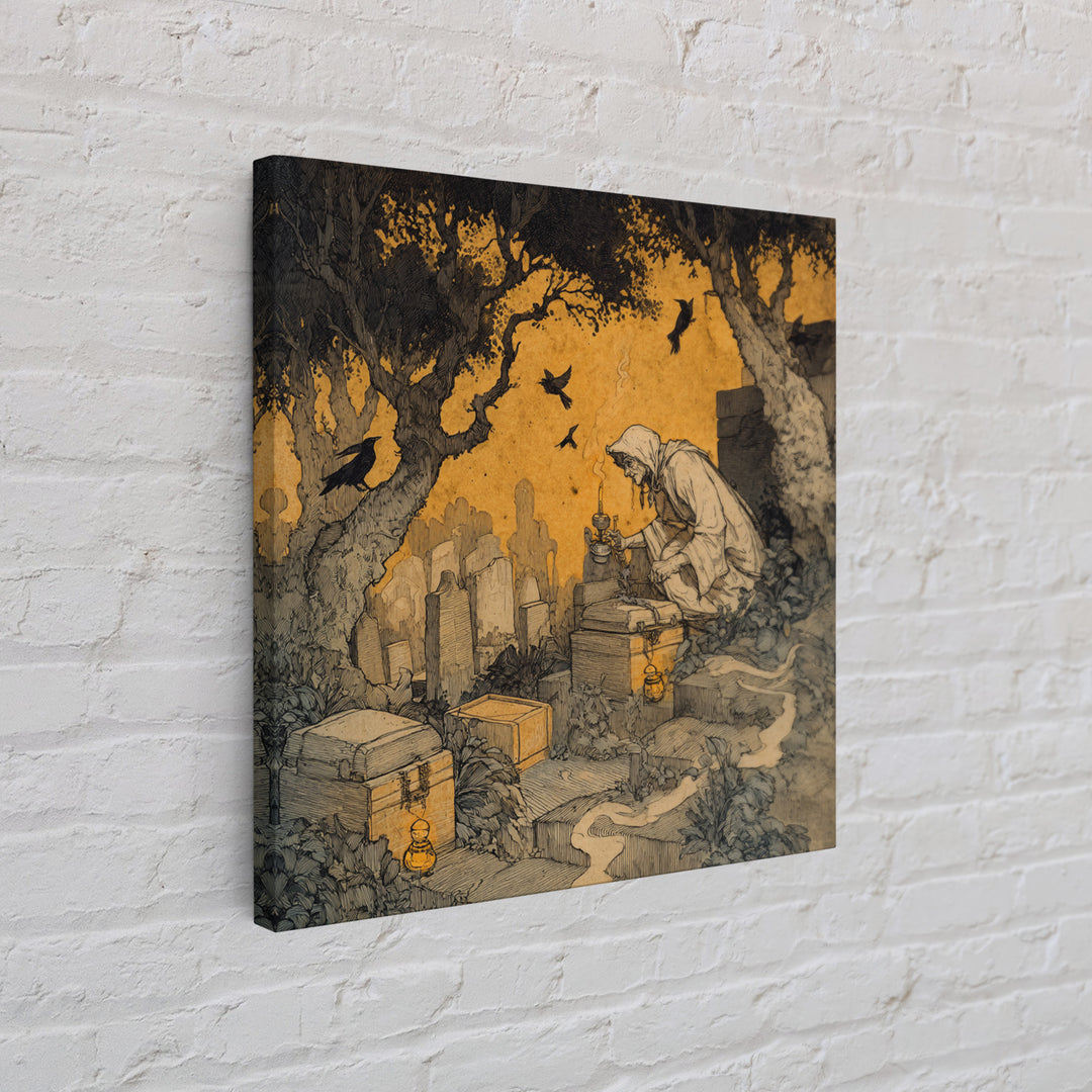 The Cemetery Beekeeper, Gothic Storybook Art, Square Wall Art, Dark Halloween Decor, Canvas Print, Halloween Wall Art