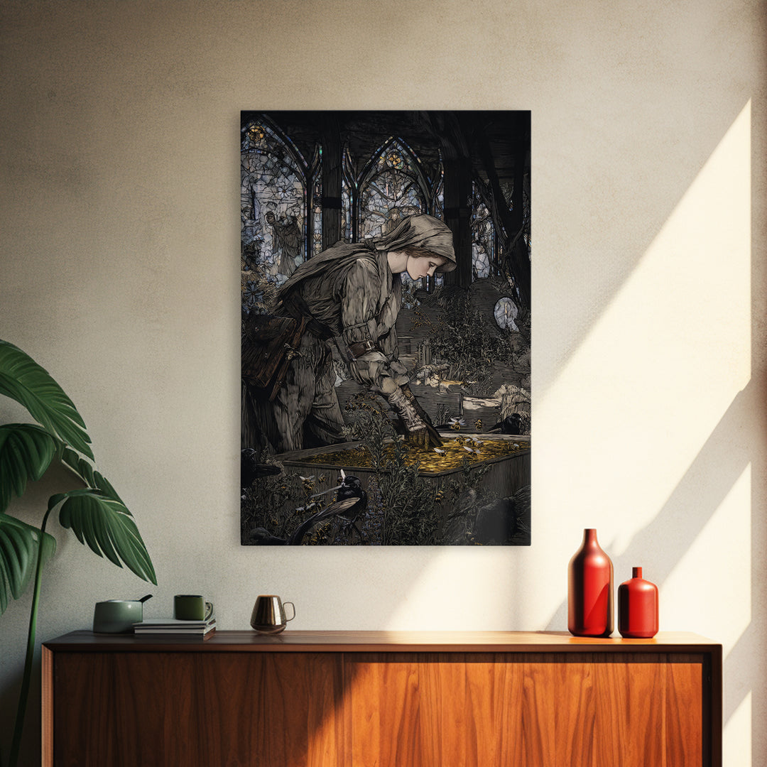 The Cemetery Beekeeper, Stained Glass Gothic Art, Vertical Wall Art, Dark Halloween Decor, Framed Canvas Print, Halloween Wall Art