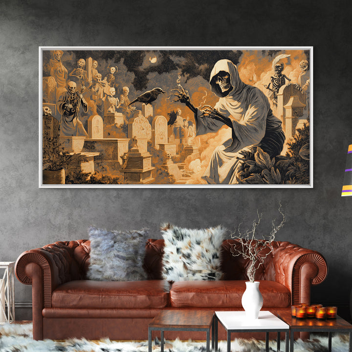 The Cemetery Beekeeper, Macabre Folk Print Art, Wide Panoramic Art, Dark Fantasy Wall Art, Canvas Print, Halloween Wall Art