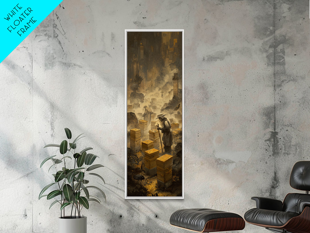 The Cemetery Beekeeper, Surreal Apocalyptic Art, Tall Narrow Wall Art, Dark Fantasy Wall Art, Framed Canvas Print, Macabre Wall Art