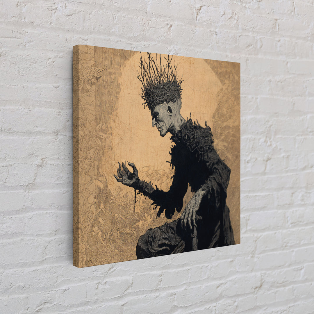 The Thorn-Crowned King, Symbolist Etching Art, Square Wall Art, Dark Halloween Decor, Framed Canvas Print, Halloween Wall Art