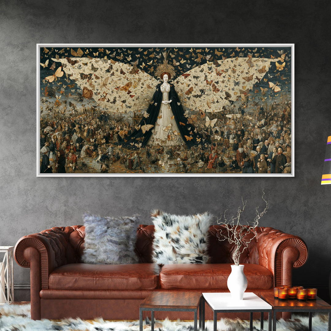 The Moth-Winged Empress, Northern Renaissance Horror, Wide Panoramic Art, Macabre Wall Art, Framed Canvas Print, Spooky Wall Decor