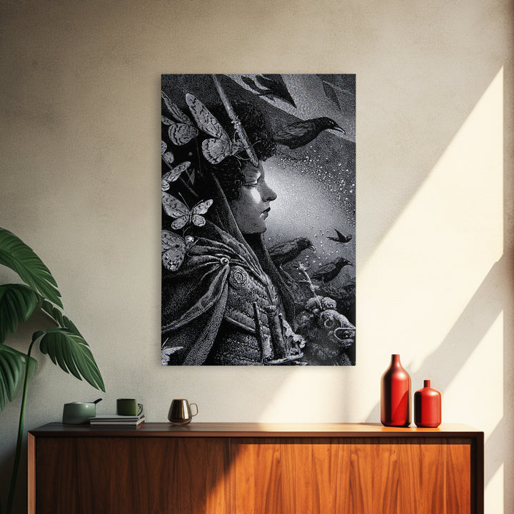 The Moth-Winged Empress, Renaissance Engraving Art, Vertical Wall Art, Macabre Wall Art, Framed Canvas Print, Halloween Wall Art