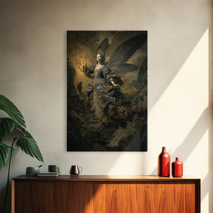 The Moth-Winged Empress, Baroque Witchcraft Art, Vertical Wall Art, Dark Halloween Decor, Framed Canvas Print, Halloween Wall Art