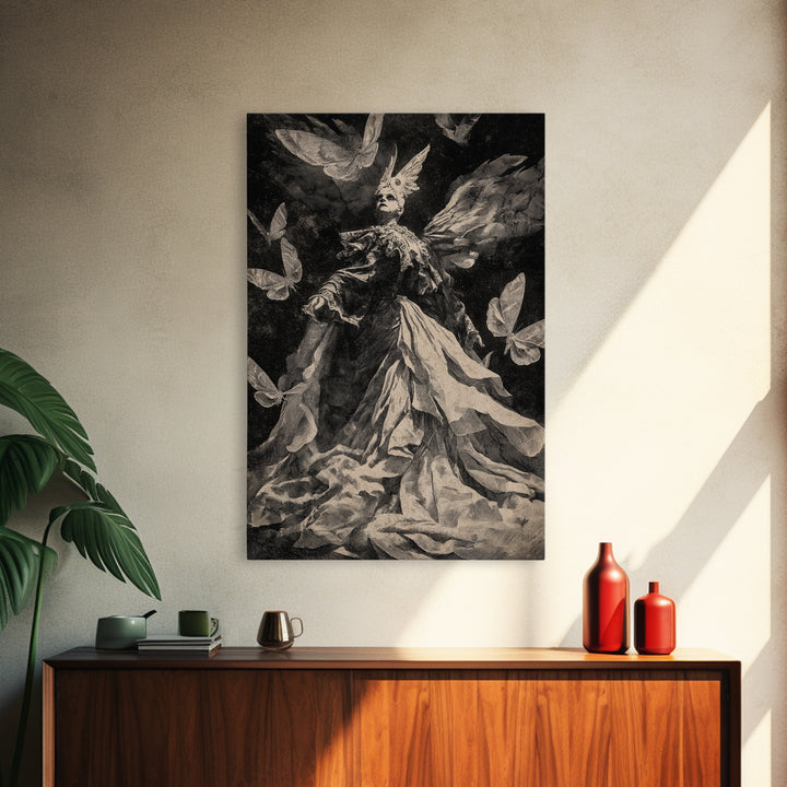 The Moth-Winged Empress, Dark Romantic Horror Art, Vertical Wall Art, Dark Fantasy Wall Art, Framed Canvas Print, Halloween Wall Art