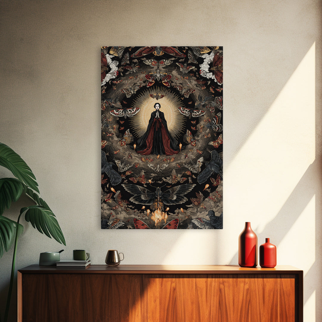 The Moth-Winged Empress, Visionary Gothic Art, Vertical Wall Art, Macabre Wall Art, Framed Canvas Print, Halloween Wall Art