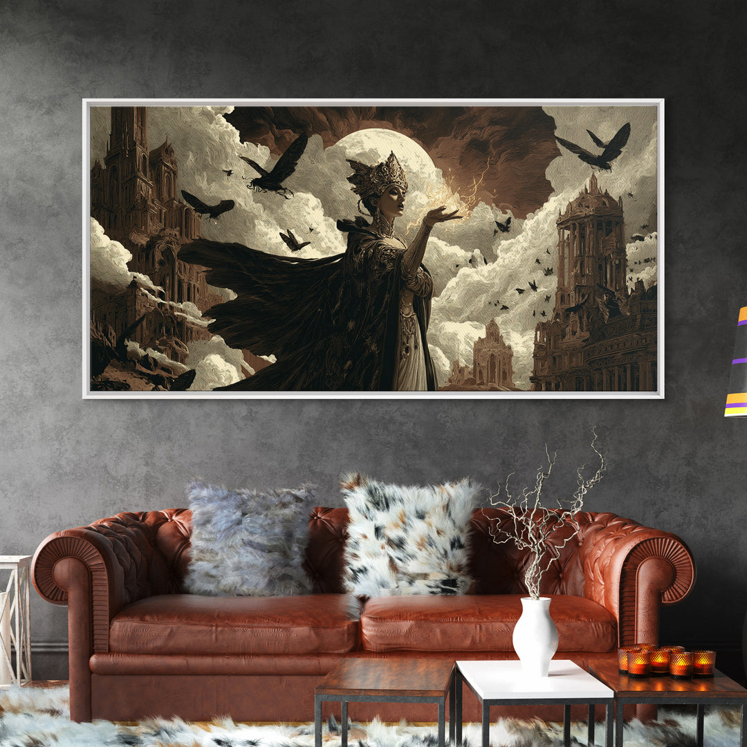 The Moth-Winged Empress, Apocalyptic Romantic Art, Wide Panoramic Art, Dark Fantasy Wall Art, Framed Canvas Print, Halloween Wall Art
