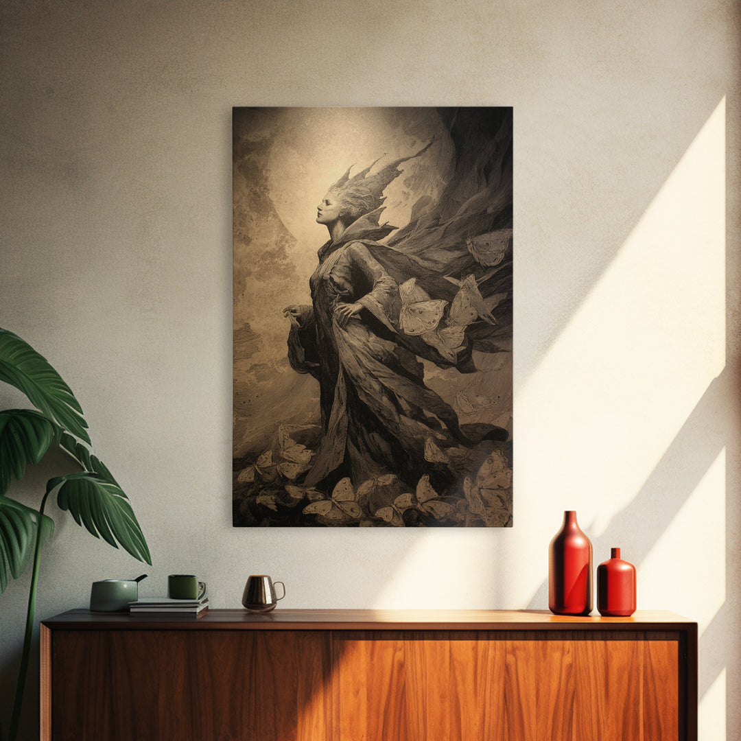 The Moth-Winged Empress, Symbolist Dream Art, Vertical Wall Art, Gothic Horror Wall Art, Canvas Print, Halloween Wall Art