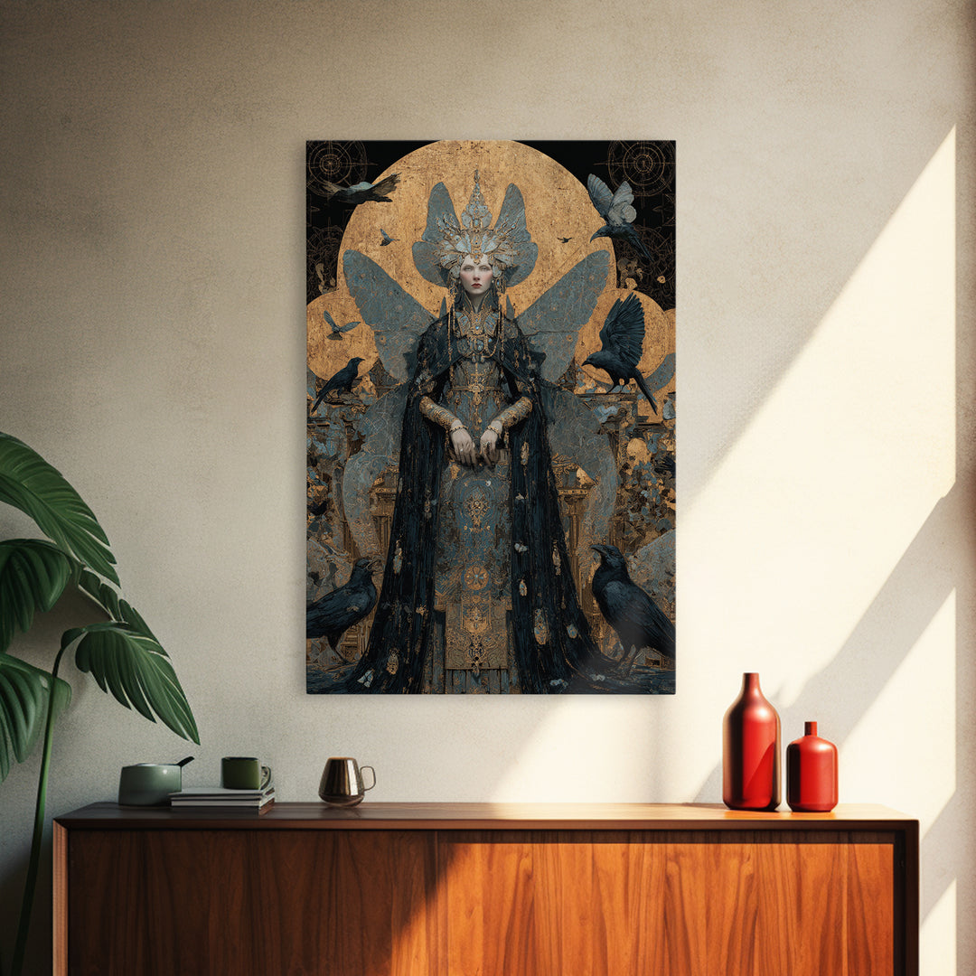 The Moth-Winged Empress, Ornate Symbolist Art, Vertical Wall Art, Dark Halloween Decor, Canvas Print, Halloween Wall Art
