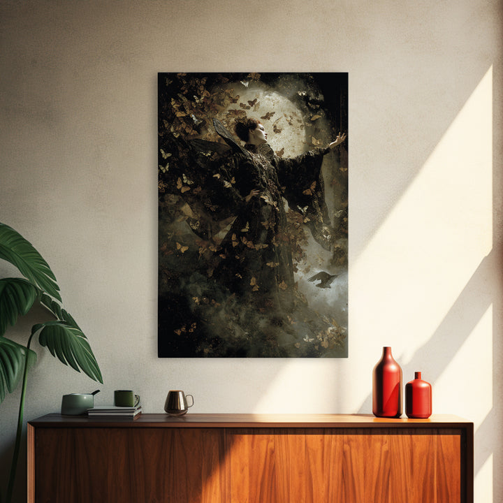 The Moth-Winged Empress, Dark Symbolist Art, Vertical Wall Art, Macabre Wall Art, Framed Canvas Print, Halloween Wall Art
