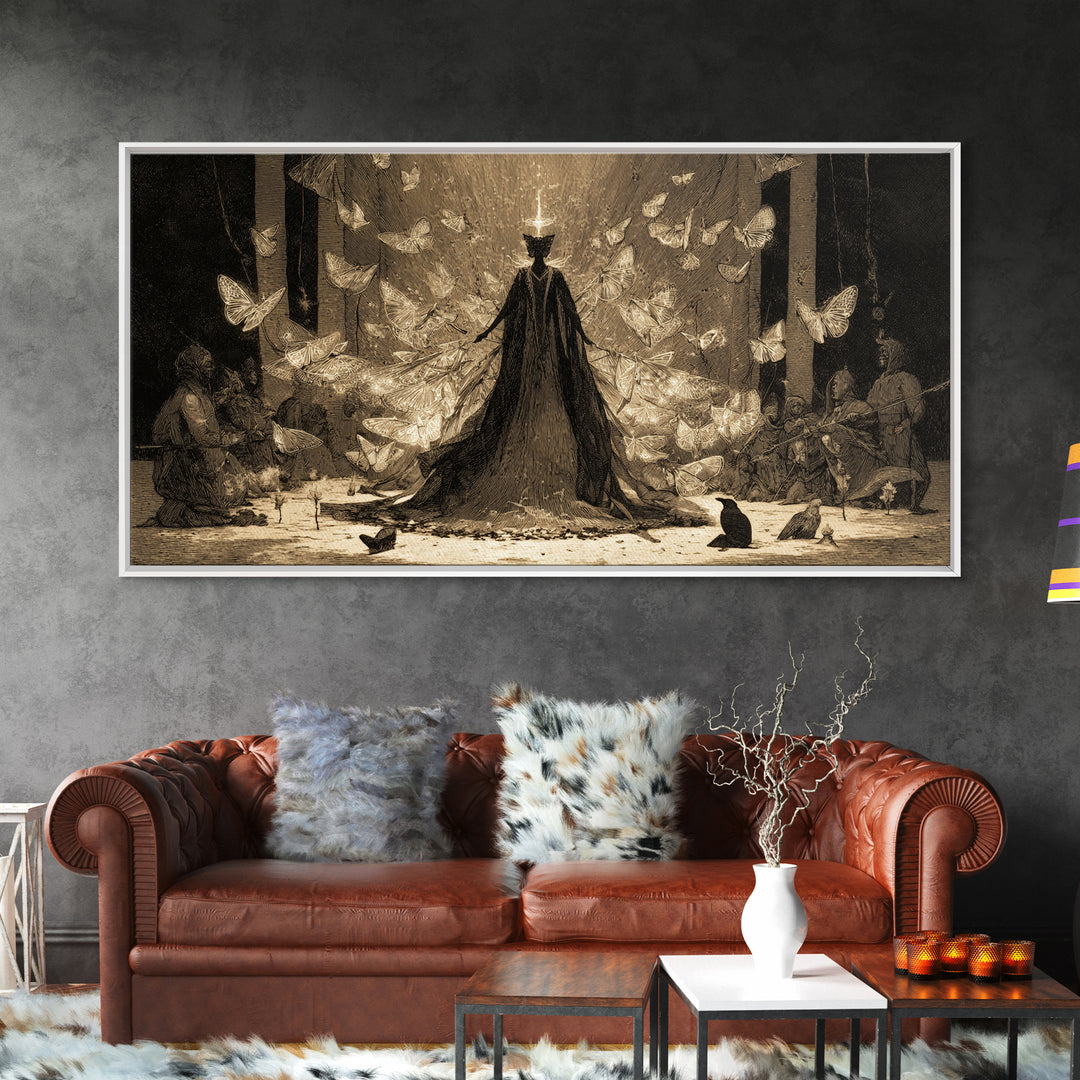 The Moth-Winged Empress, Expressionist Nightmare Art, Wide Panoramic Art, Dark Halloween Decor, Framed Canvas Print, Halloween Wall Art