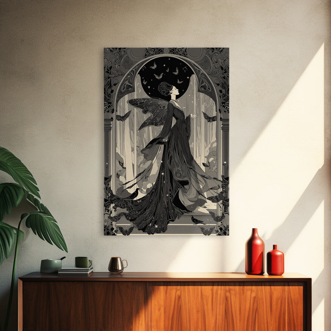 The Moth-Winged Empress, Decadent Line Art, Vertical Wall Art, Gothic Horror Wall Art, Framed Canvas Print, Halloween Wall Art