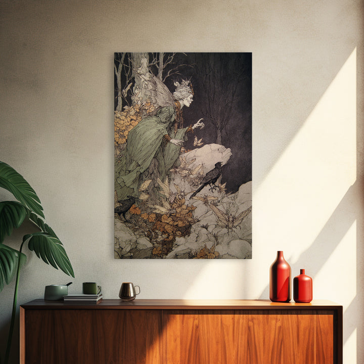 The Moth-Winged Empress, Gothic Storybook Art, Vertical Wall Art, Macabre Wall Art, Framed Canvas Print, Halloween Wall Art
