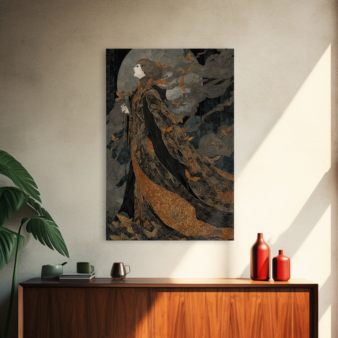 The Moth-Winged Empress, Stained Glass Gothic Art, Vertical Wall Art, Dark Halloween Decor, Canvas Print, Halloween Wall Art