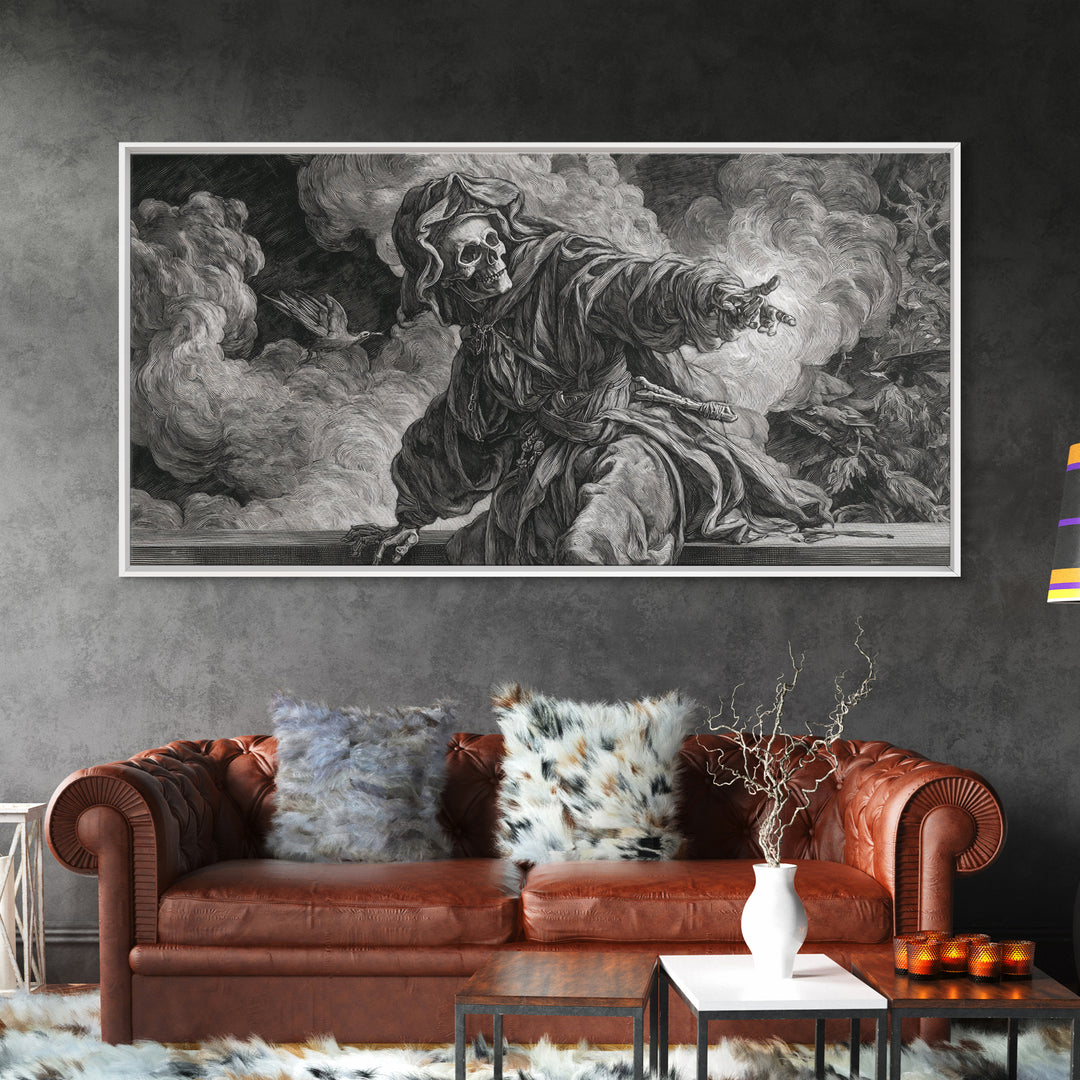 The Ash-Covered Oracle, Danse Macabre Art, Wide Panoramic Art, Dark Fantasy Wall Art, Canvas Print, Halloween Wall Art