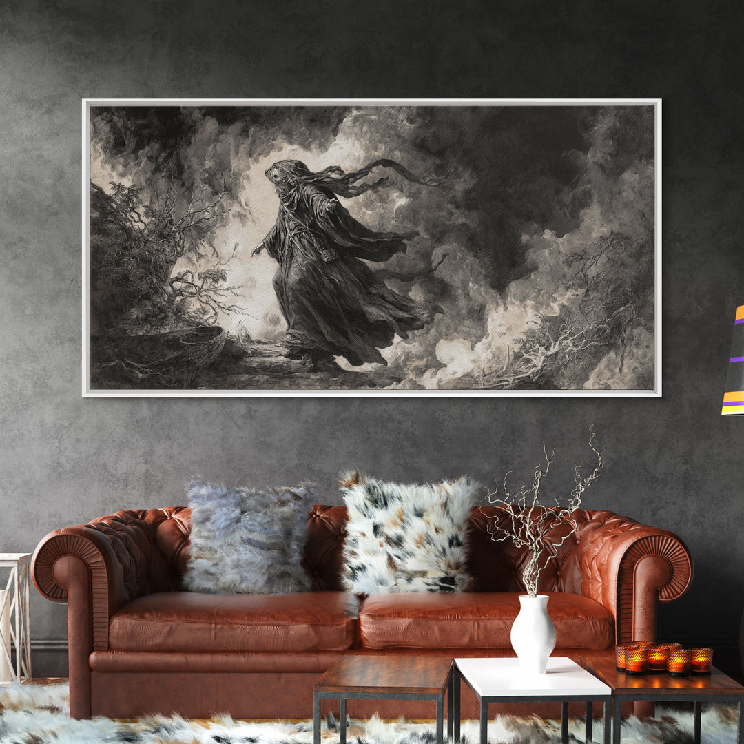 The Ash-Covered Oracle, Baroque Witchcraft Art, Wide Panoramic Art, Gothic Horror Wall Art, Framed Canvas Print, Halloween Wall Art