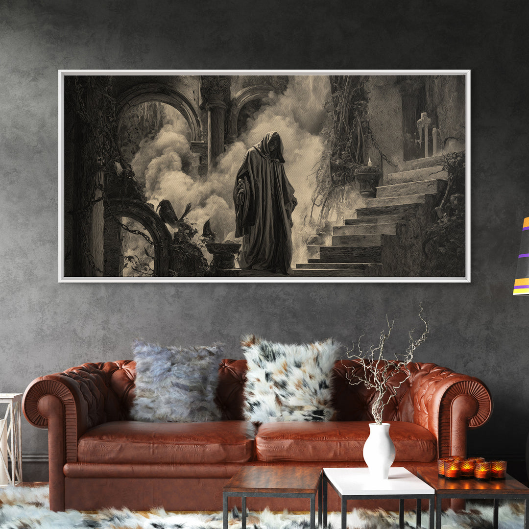 The Ash-Covered Oracle, Architectural Etching Art, Wide Panoramic Art, Dark Fantasy Wall Art, Framed Canvas Print