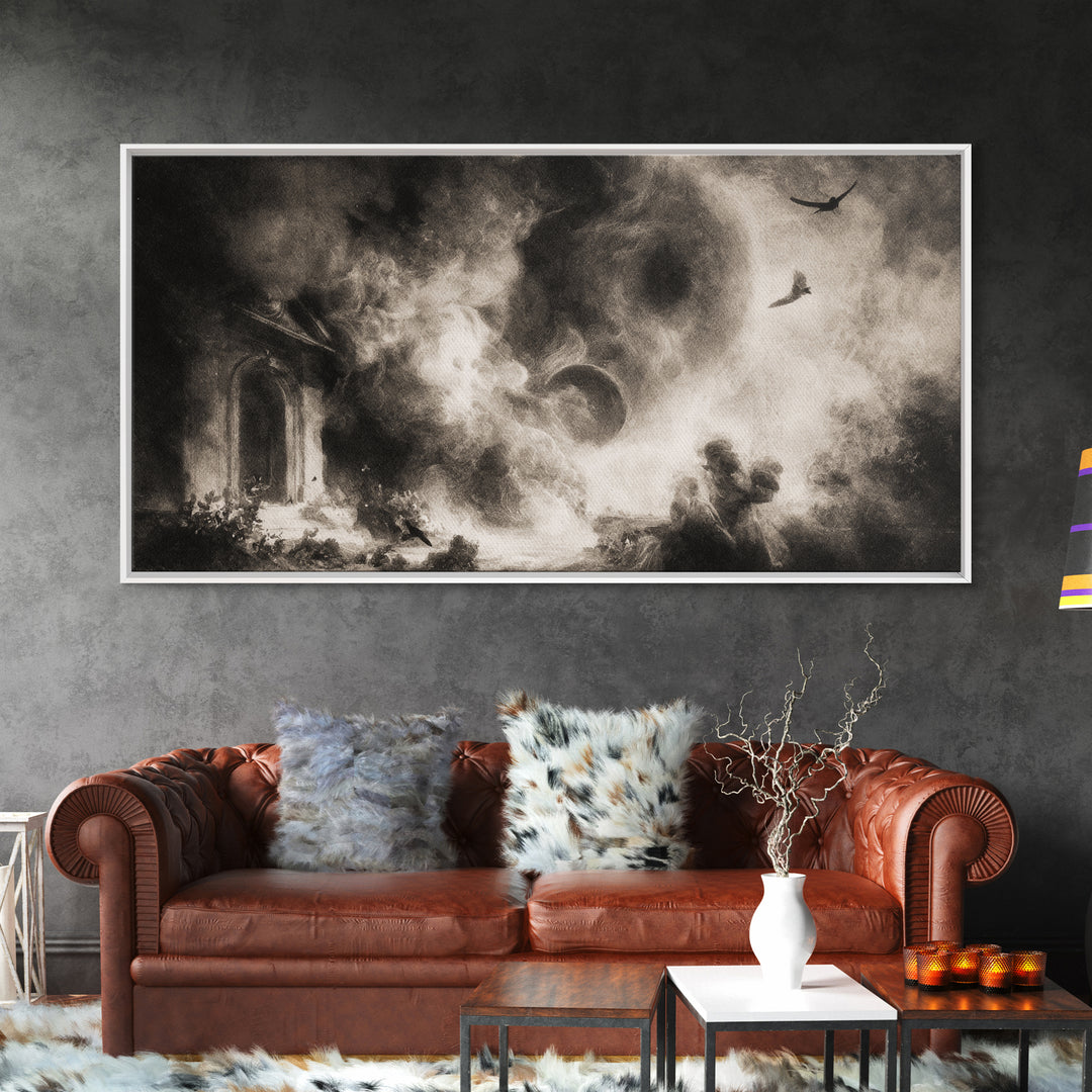 The Ash-Covered Oracle, Symbolist Dream Art, Wide Panoramic Art, Dark Halloween Decor, Framed Canvas Print, Halloween Wall Art