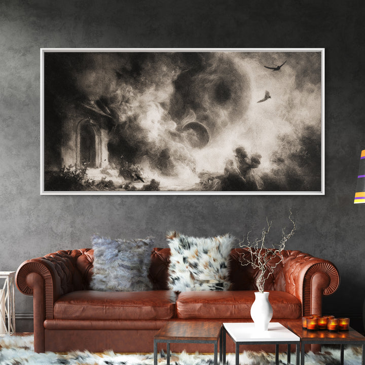 The Ash-Covered Oracle, Symbolist Dream Art, Wide Panoramic Art, Dark Halloween Decor, Framed Canvas Print, Halloween Wall Art