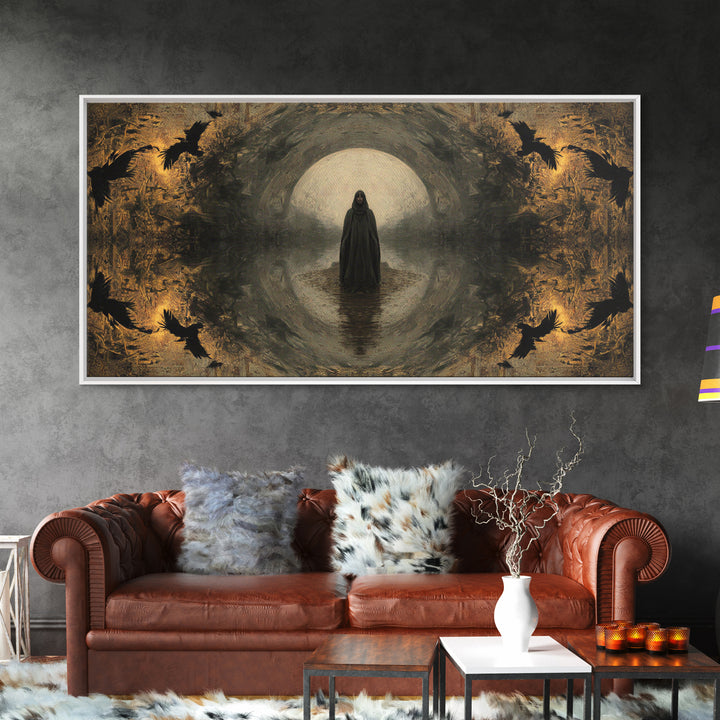 The Ash-Covered Oracle, Symbolist Gothic Landscape, Wide Panoramic Art, Dark Fantasy Wall Art, Canvas Print, Halloween Wall Art