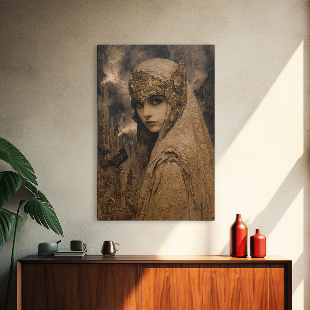 The Ash-Covered Oracle, Ornate Symbolist Art, Vertical Wall Art, Dark Halloween Decor, Canvas Print, Halloween Wall Art
