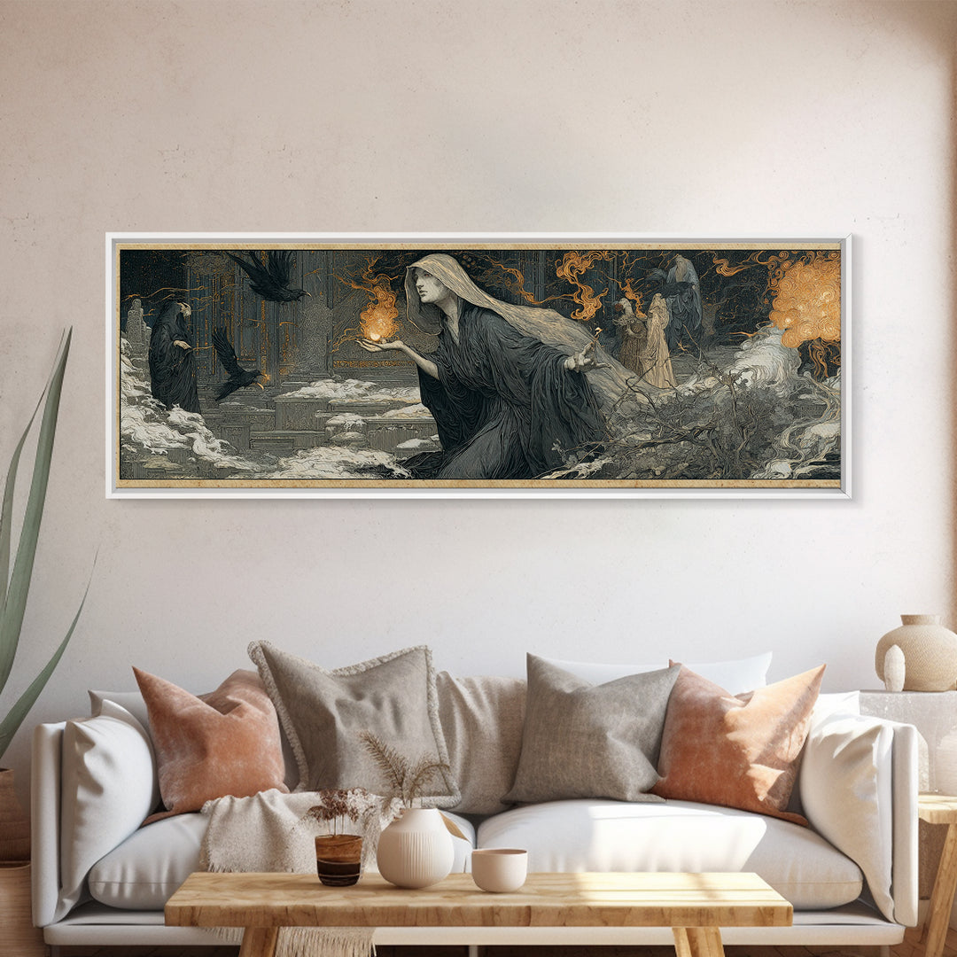 The Ash-Covered Oracle, Symbolist Death Art, Extra Wide Wall Art, Gothic Horror Wall Art, Canvas Print, Halloween Wall Art