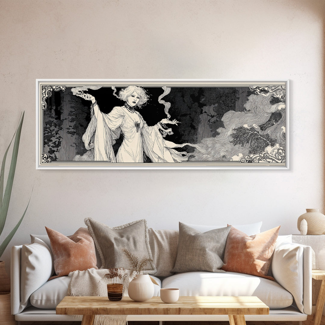 The Ash-Covered Oracle, Decadent Line Art, Extra Wide Wall Art, Gothic Horror Wall Art, Framed Canvas Print, Halloween Wall Art