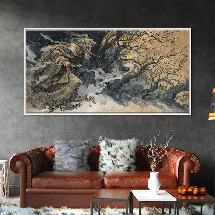 The Ash-Covered Oracle, Gothic Storybook Art, Wide Panoramic Art, Gothic Horror Wall Art, Framed Canvas Print, Halloween Wall Art