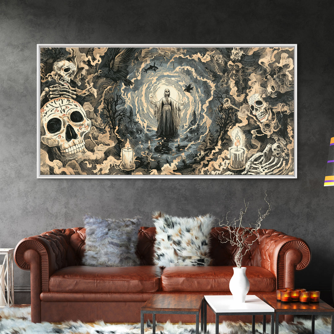 The Ash-Covered Oracle, Macabre Folk Print Art, Wide Panoramic Art, Gothic Horror Wall Art, Canvas Print, Halloween Wall Art