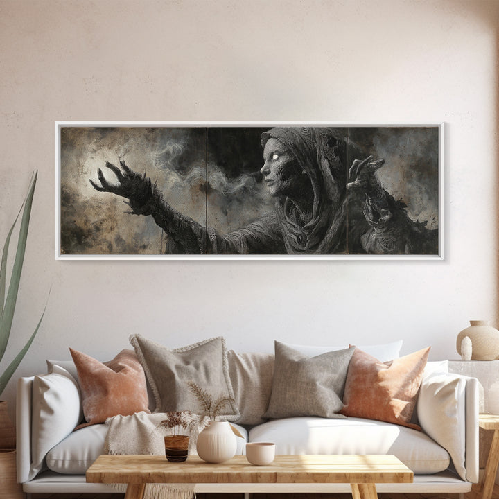 The Ash-Covered Oracle, Biomechanical Horror Art, Extra Wide Wall Art, Macabre Wall Art, Framed Canvas Print, Halloween Wall Art