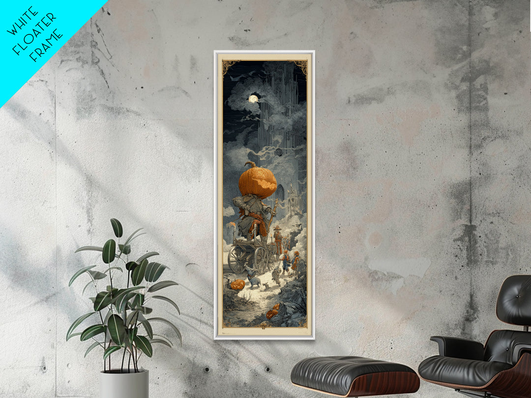 The Pumpkin-Headed Tea Merchant, Gothic Engraving Art, Tall Narrow Wall Art, Dark Fantasy Wall Art, Framed Canvas Print