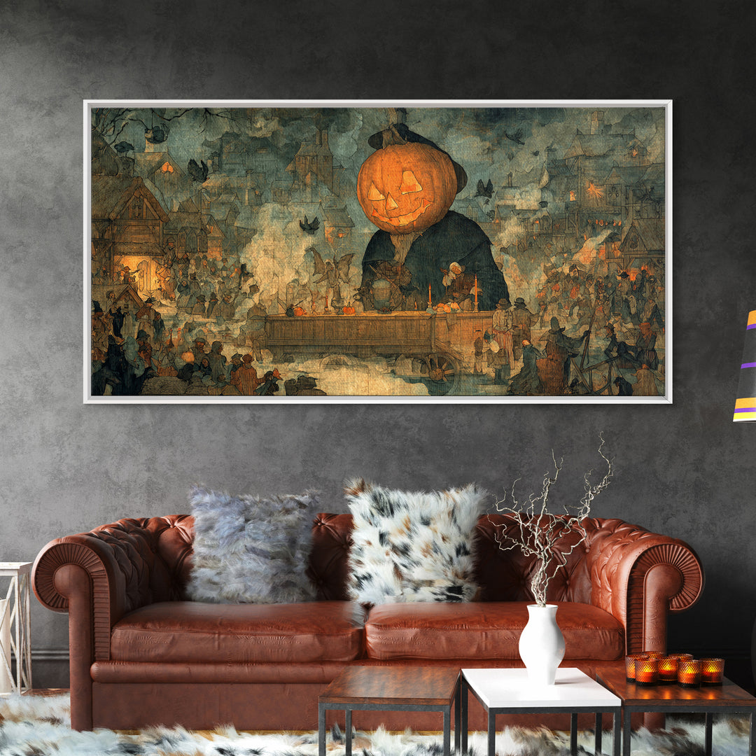 The Pumpkin-Headed Tea Merchant, Northern Renaissance Horror, Wide Panoramic Art, Gothic Horror Wall Art, Canvas Print
