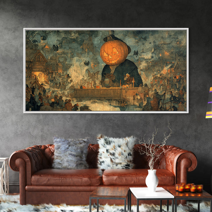 The Pumpkin-Headed Tea Merchant, Northern Renaissance Horror, Wide Panoramic Art, Gothic Horror Wall Art, Canvas Print