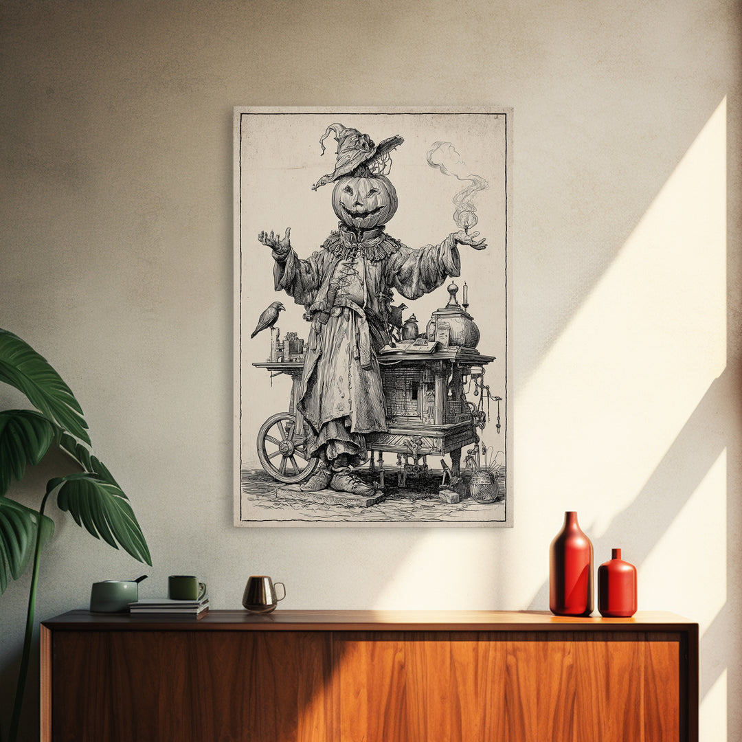 The Pumpkin-Headed Tea Merchant, Renaissance Engraving Art, Vertical Wall Art, Macabre Wall Art, Canvas Print, Halloween Wall Art