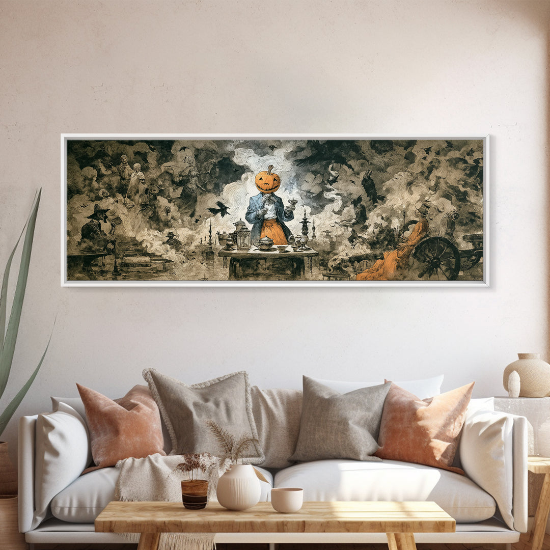 The Pumpkin-Headed Tea Merchant, Dark Romantic Horror Art, Extra Wide Wall Art, Gothic Horror Wall Art, Canvas Print, Halloween Wall Art