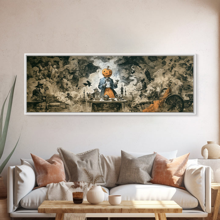 The Pumpkin-Headed Tea Merchant, Dark Romantic Horror Art, Extra Wide Wall Art, Gothic Horror Wall Art, Canvas Print, Halloween Wall Art
