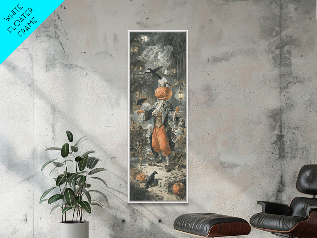 The Pumpkin-Headed Tea Merchant, Architectural Etching Art, Tall Narrow Wall Art, Dark Halloween Decor, Framed Canvas Print