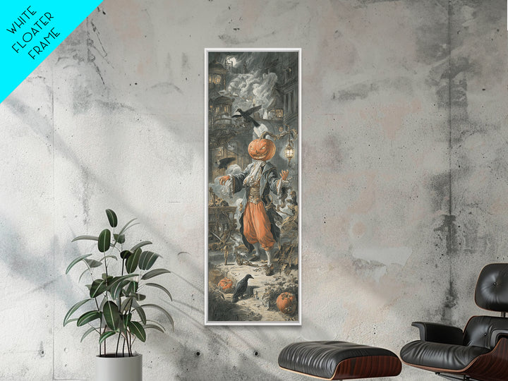 The Pumpkin-Headed Tea Merchant, Architectural Etching Art, Tall Narrow Wall Art, Dark Halloween Decor, Framed Canvas Print
