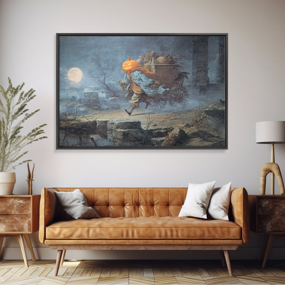 The Pumpkin-Headed Tea Merchant, Romantic Gothic Landscape, Landscape Wall Art, Dark Halloween Decor, Framed Canvas Print
