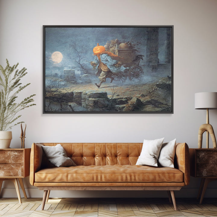 The Pumpkin-Headed Tea Merchant, Romantic Gothic Landscape, Landscape Wall Art, Dark Halloween Decor, Framed Canvas Print