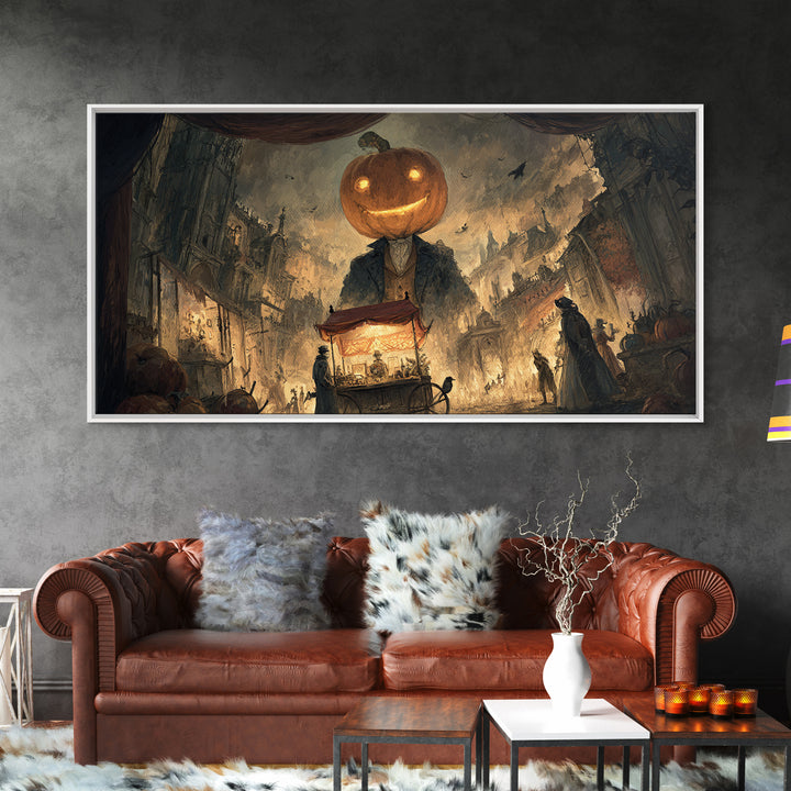 The Pumpkin-Headed Tea Merchant, Apocalyptic Romantic Art, Wide Panoramic Art, Dark Fantasy Wall Art, Framed Canvas Print, Halloween Decor
