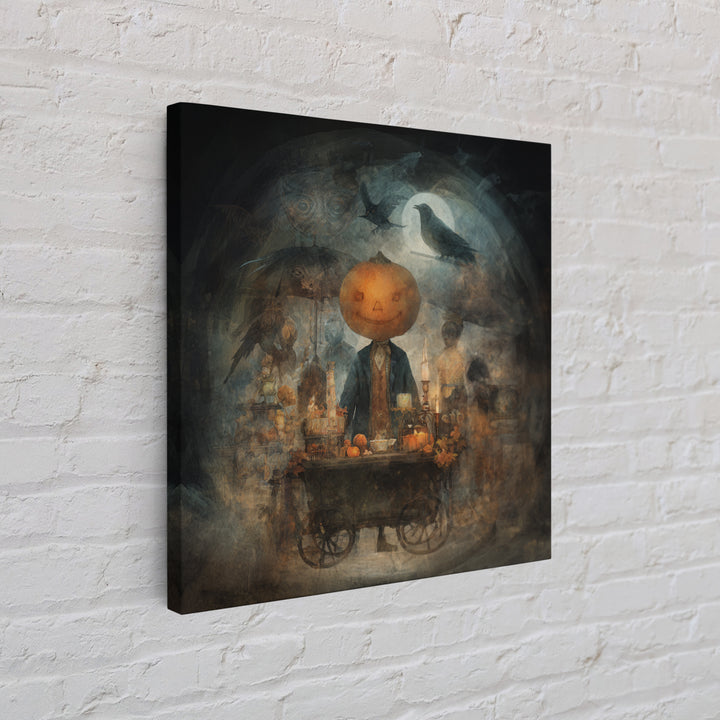 The Pumpkin-Headed Tea Merchant, Symbolist Dream Art, Square Wall Art, Dark Halloween Decor, Framed Canvas Print, Halloween Wall Art
