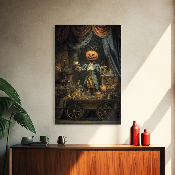 The Pumpkin-Headed Tea Merchant, Ornate Symbolist Art, Vertical Wall Art, Macabre Wall Art, Framed Canvas Print, Halloween Wall Art