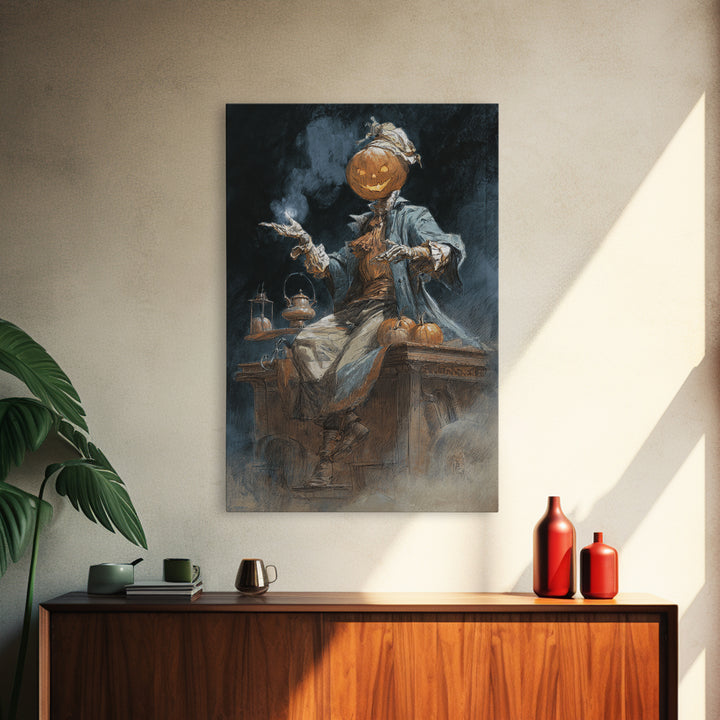 The Pumpkin-Headed Tea Merchant, Decadent Gothic Art, Vertical Wall Art, Dark Fantasy Wall Art, Canvas Print, Halloween Wall Art