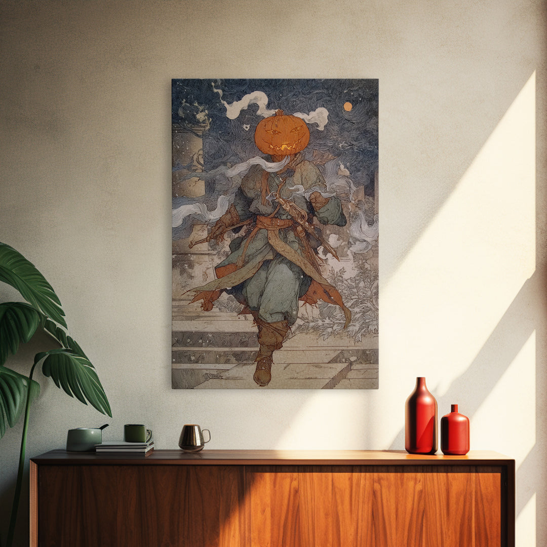 The Pumpkin-Headed Tea Merchant, Symbolist Death Art, Vertical Wall Art, Macabre Wall Art, Canvas Print, Halloween Wall Art
