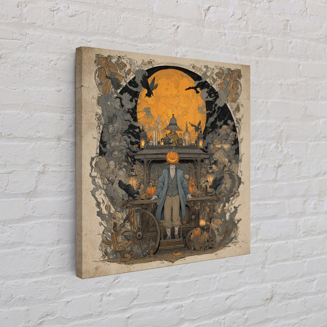 The Pumpkin-Headed Tea Merchant, Symbolist Etching Art, Square Wall Art, Macabre Wall Art, Framed Canvas Print, Halloween Wall Art
