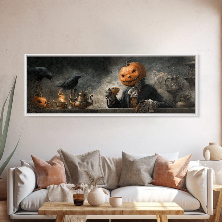 The Pumpkin-Headed Tea Merchant, Expressionist Nightmare Art, Extra Wide Wall Art, Gothic Horror Wall Art, Canvas Print, Halloween Wall Art